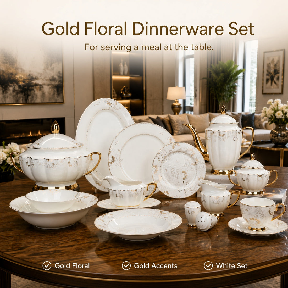 Johnson Bros Inspired Gold Floral Patterns Bone China Dinner Set