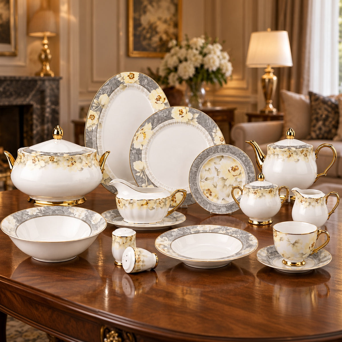 Johnson Bros Inspired Yellow Floral Pattern Grey Borders & Gold Trims Bone China Dinner Set