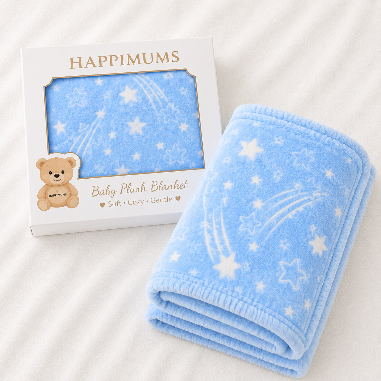 HAPPIMUMS BABY PLUSH SLEEPING BLANKET DOUBLE PLY SHOOTING STAR 110 x 80 - BLUE