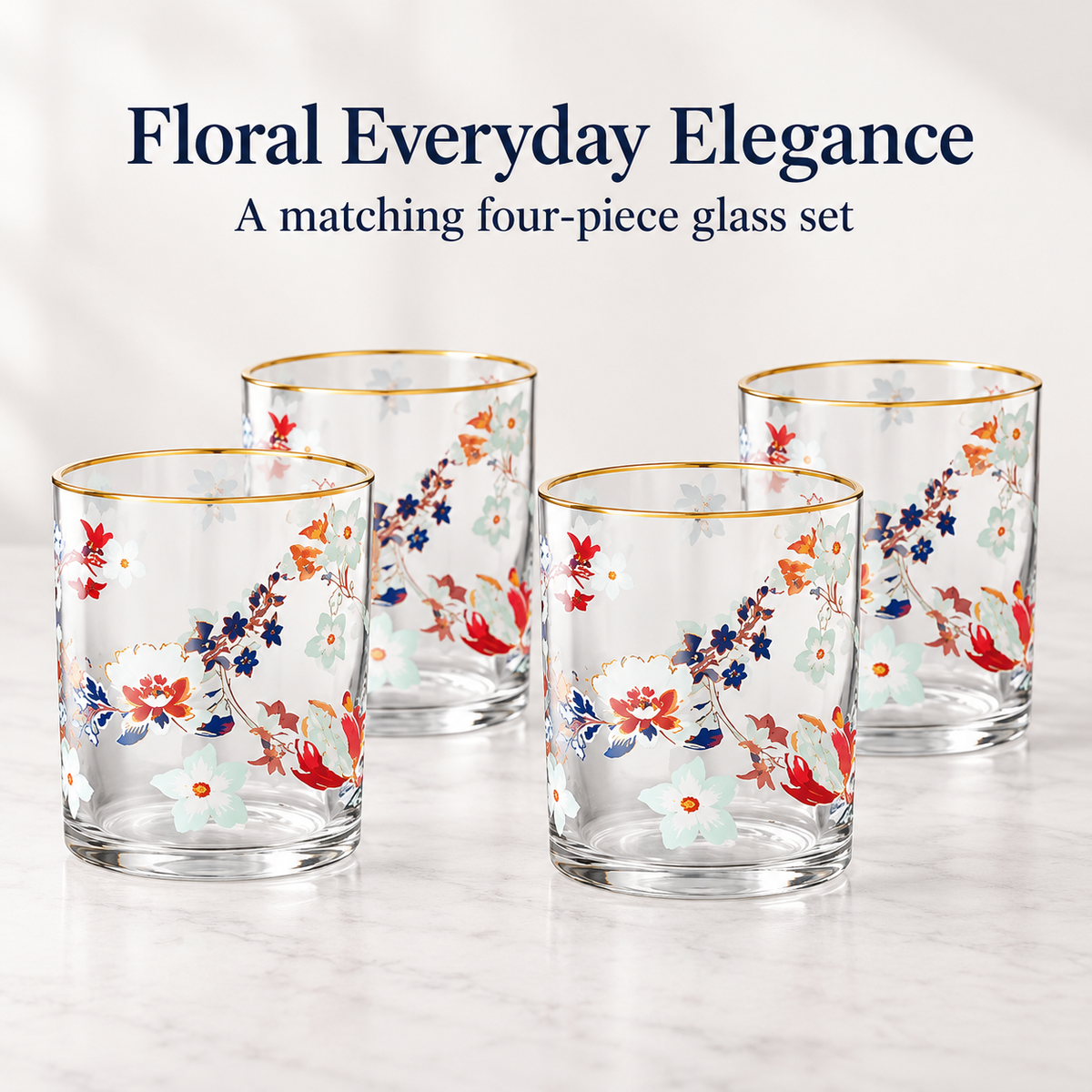 Danny Home 4 Piece Floral Gold Rim Tumbler Set - 390 ml