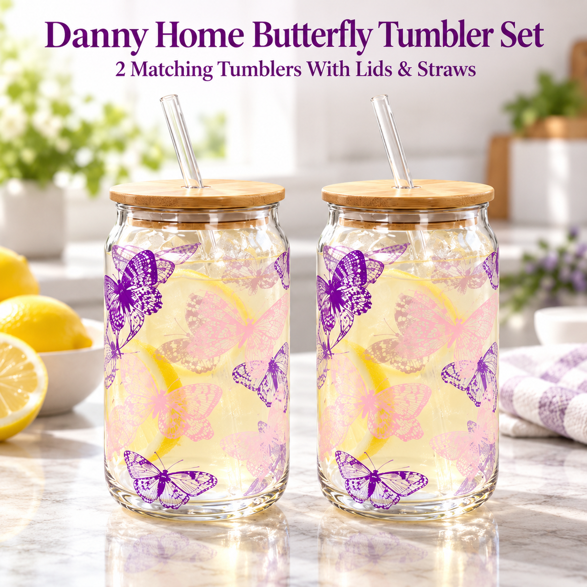 Danny Home 2 Piece Butterfly Straw & Glass Tumbler - 500 ml