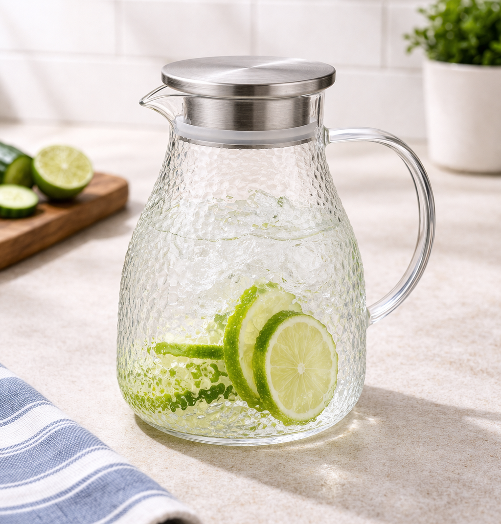 DANNY HOME TEXTURED GLASS WATER JUG WITH STEEL LID 1100ML -XF02-07