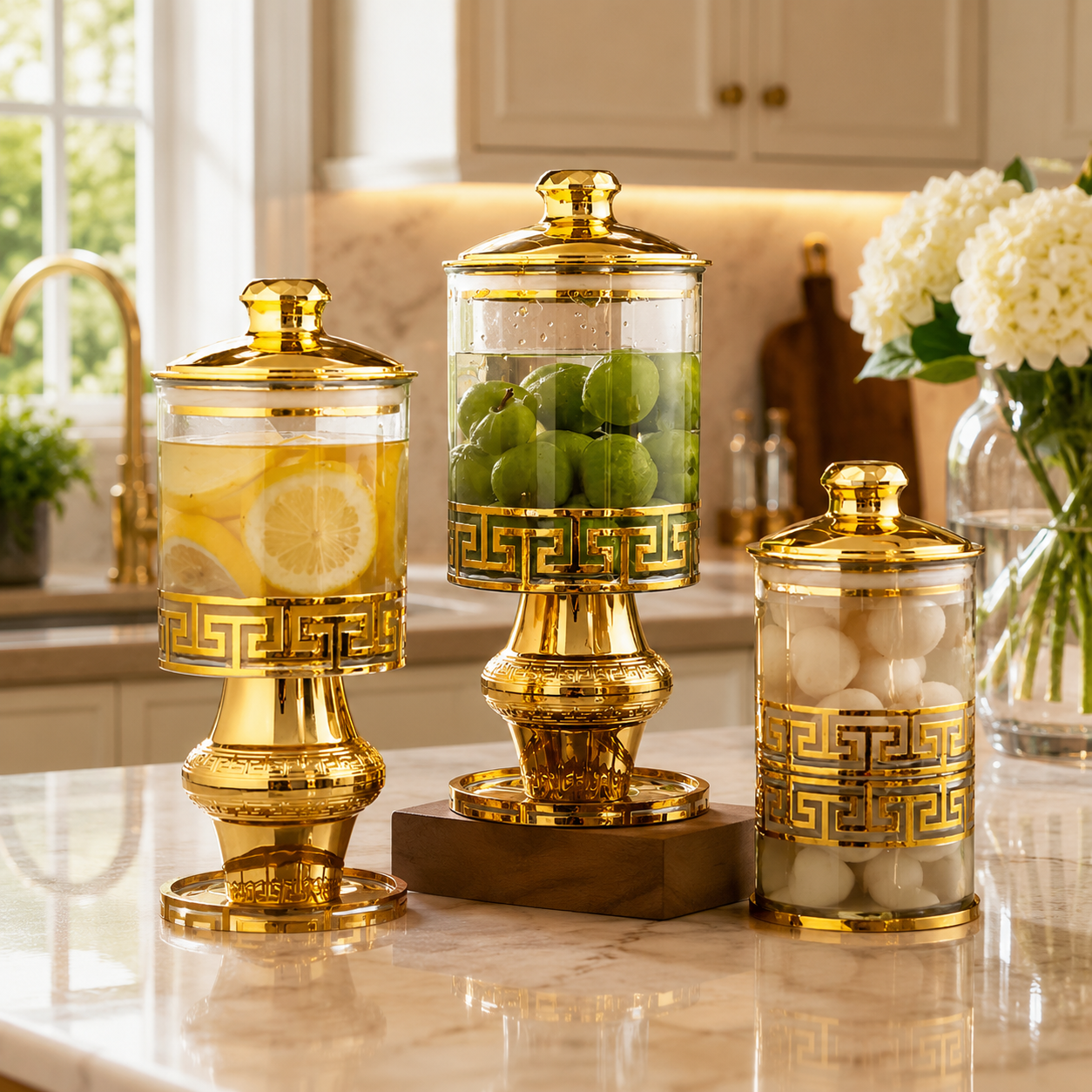 LUXURY GLASS STORAGE JAR SET WITH GOLD STAND - 3 PIECE SET