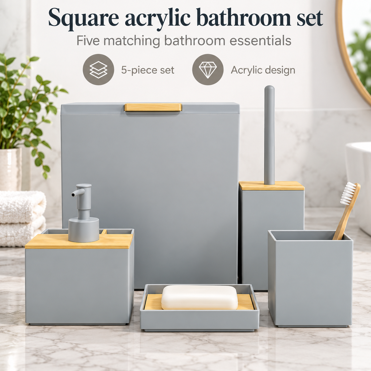 Square Acrylic Bathroom Set - 5 Pieces
