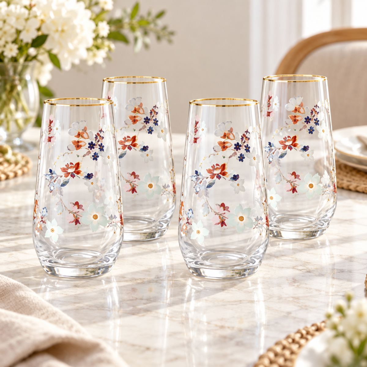 Danny Home 4 Piece Floral Gold Rim Glass Set - 560 ml