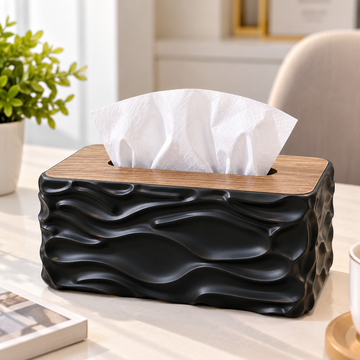 BLACK 3D WAVE TEXTURE RECTANGULAR TISSUE BOX WITH WOODEN STYLE LID
