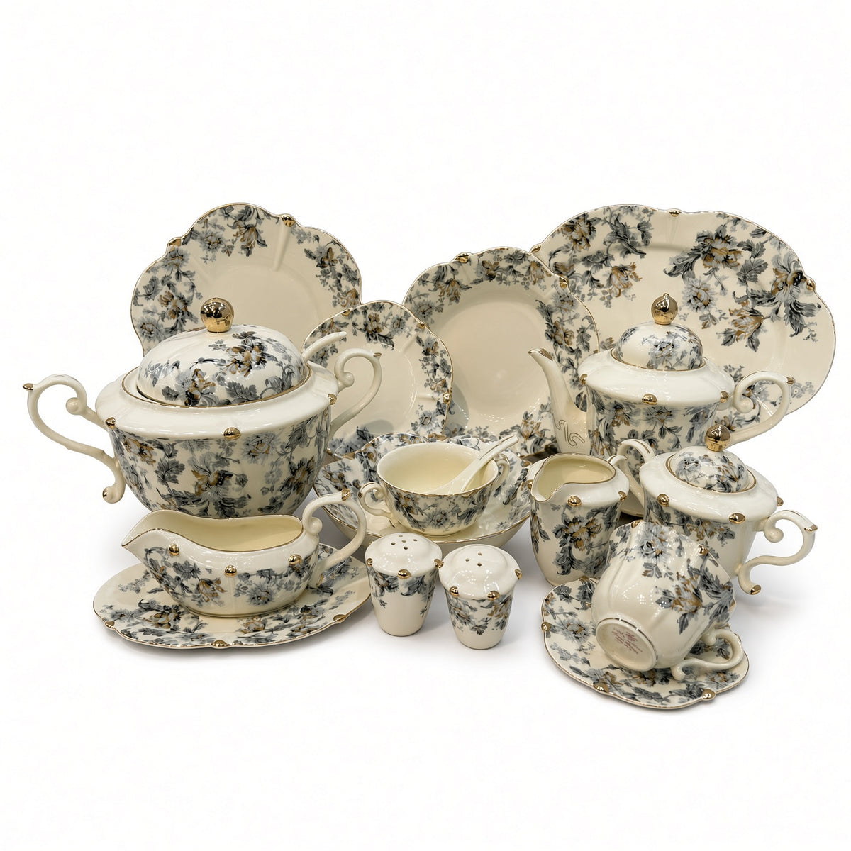 Royal Albert Inspired Blue Gold Floral Patterns 75 Pieces 8 Person Serving Dinner Set