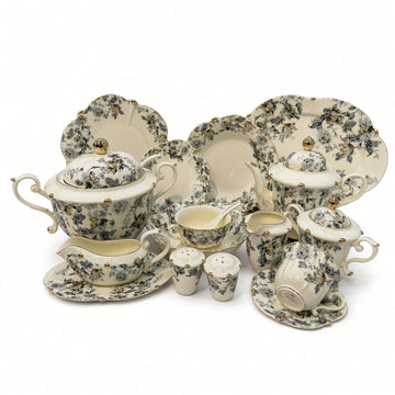 Royal Albert Inspired Blue Gold Floral Patterns 75 Pieces 8 Person Serving Dinner Set