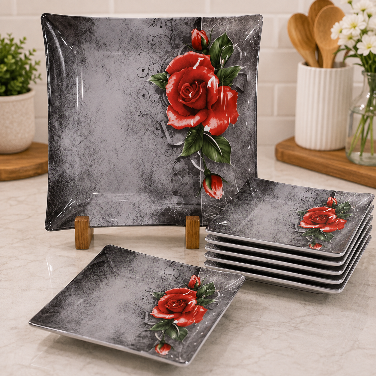 ARCOFAM 7-PIECE GRAY FLORAL SQUARE SERVING PLATE SET - GRAY ARAGOL