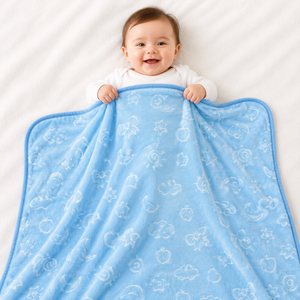 HAPPIMUMS BABY PLUSH SLEEPING BLANKET DOUBLE PLY CLOUD & BOW 110 x 80 - BLUE