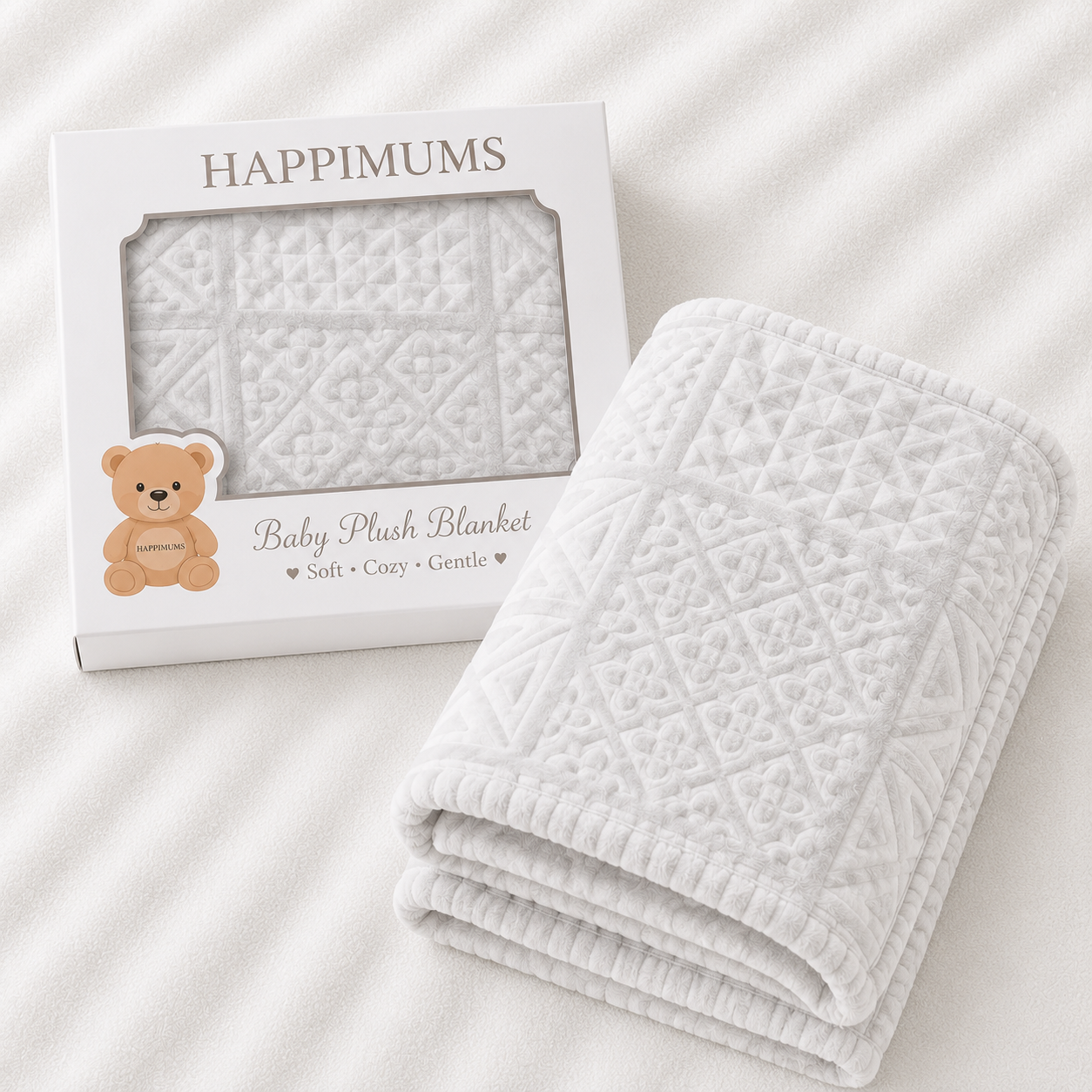 HAPPIMUMS BABY PLUSH SLEEPING BLANKET DOUBLE PLY BLUSH PATCHWORK 110 x 80 - GREY