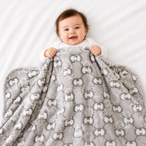 HAPPIMUMS BABY PLUSH SLEEPING BLANKET DOUBLE PLY LITTLE BEAR PATTERN 110 x 80 - GREY