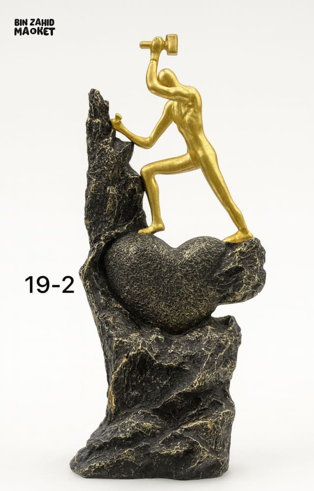 ABSTRACT GOLD MAN WITH HAMMER – HEART STONE STATUE LUXURY ACCENT