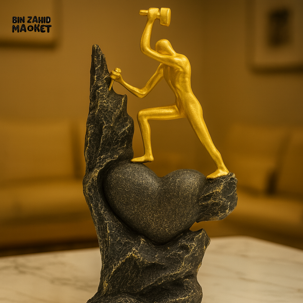 ABSTRACT GOLD MAN WITH HAMMER – HEART STONE STATUE LUXURY ACCENT