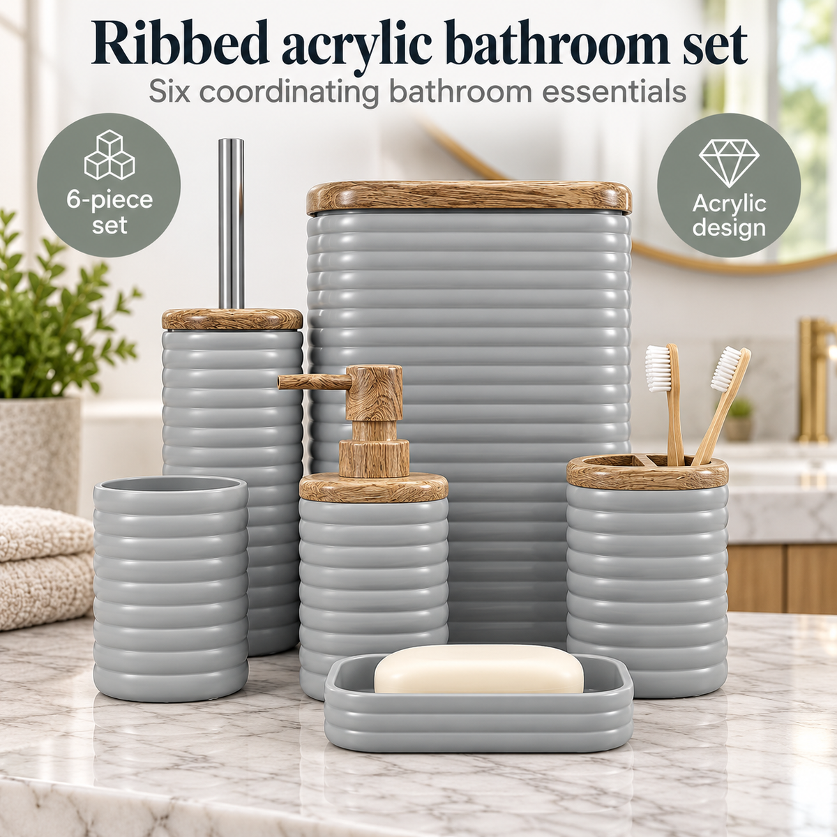 Ribbed Acrylic Bathroom Set - 6 Pieces