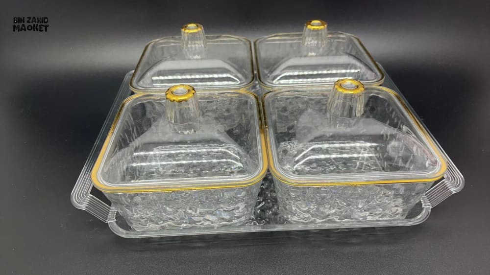 ACRYLIC 4-PIECE CANDY STORAGE TRAY SET WITH GLASS LID SERVING FRUIT TRAY & DESKTOP CANDY CONTAINER - SQUARE