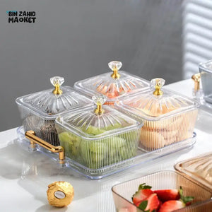 ACRYLIC 4-PIECE CANDY STORAGE TRAY SET WITH GLASS LID SERVING FRUIT TRAY & DESKTOP CANDY CONTAINER - SQUARE