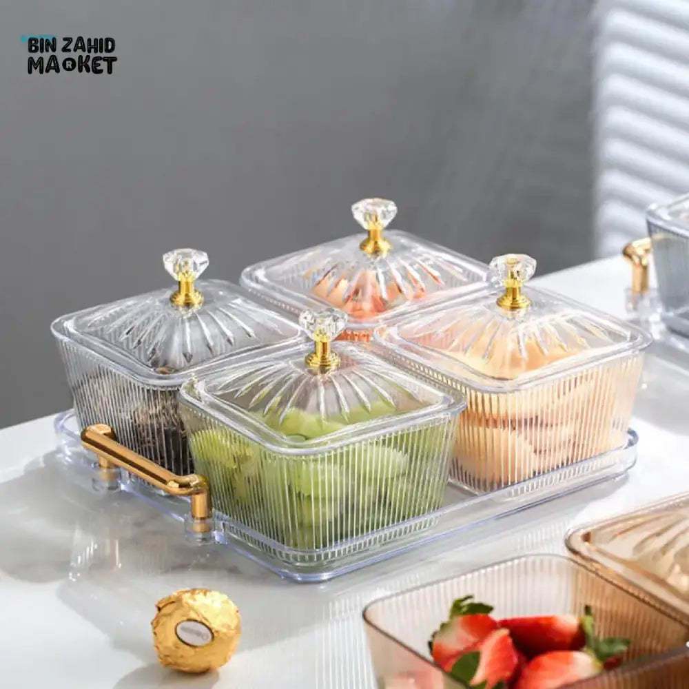 ACRYLIC 4-PIECE CANDY STORAGE TRAY SET WITH GLASS LID SERVING FRUIT TRAY & DESKTOP CANDY CONTAINER - SQUARE