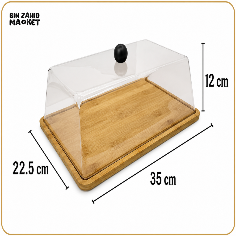 ACRYLIC BUTTER & DESSERT DISPLAY COVER WITH BAMBOO TRAY - LARGE - Cake Stands