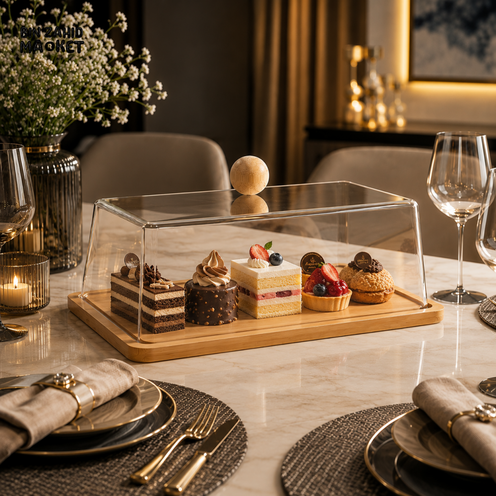 ACRYLIC CAKE & DESSERT DISPLAY COVER WITH BAMBOO TRAY