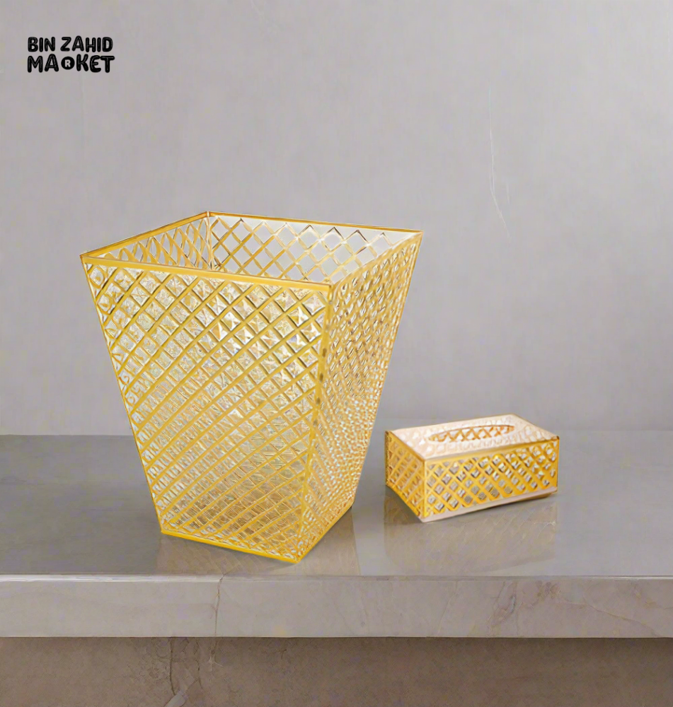 ACRYLIC TRASH CAN & TISSUE BOX SET LUXURY GOLD ACCENTED DESIGN FOR BATHROOM OR LIVING ROOM