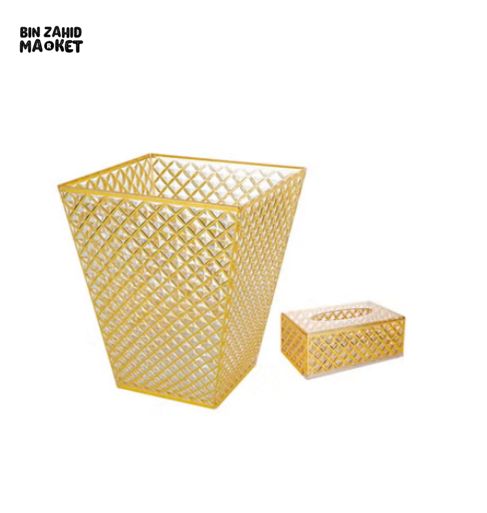 ACRYLIC TRASH CAN & TISSUE BOX SET LUXURY GOLD ACCENTED DESIGN FOR BATHROOM OR LIVING ROOM