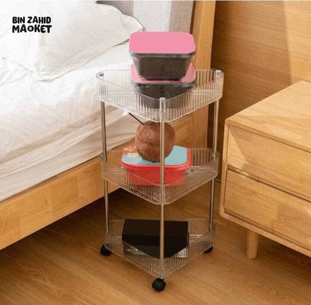ACRYLIC TRIANGLE CORNER TROLLEY – SPACE-SAVING BATHROOM & KITCHEN ORGANIZER 3 LAYERS