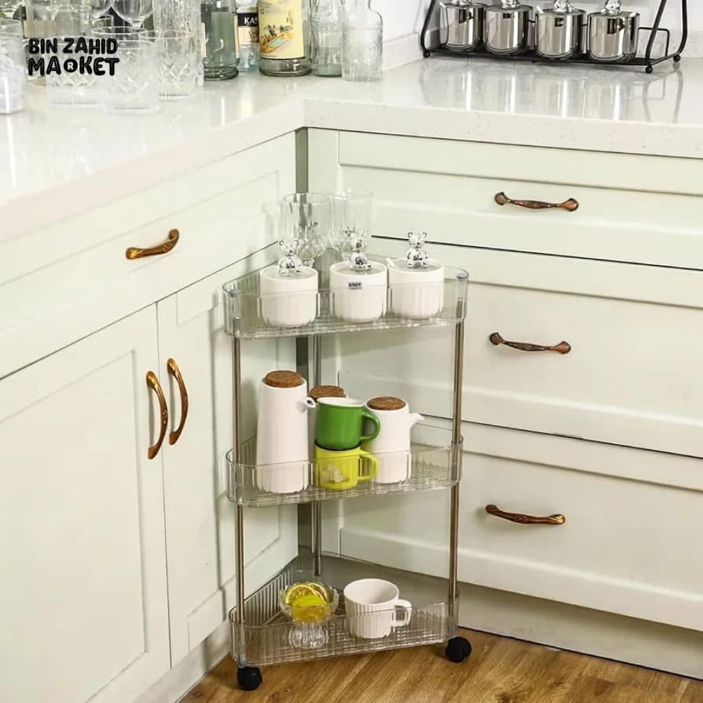 ACRYLIC TRIANGLE CORNER TROLLEY – SPACE-SAVING BATHROOM & KITCHEN ORGANIZER