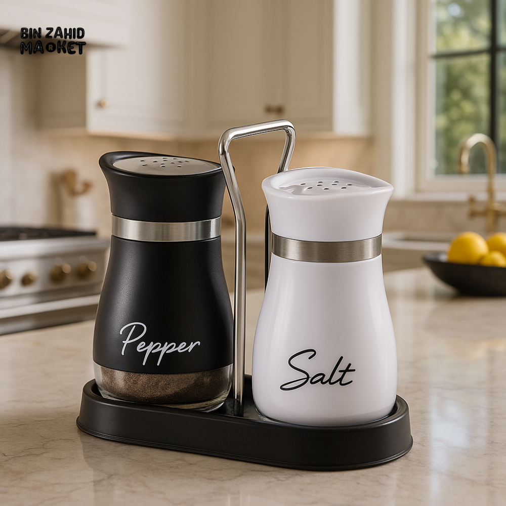 ADJUSTABLE SALT & PEPPER SHAKERS – REFILLABLE GLASS SPICE BOTTLES WITH SHELF