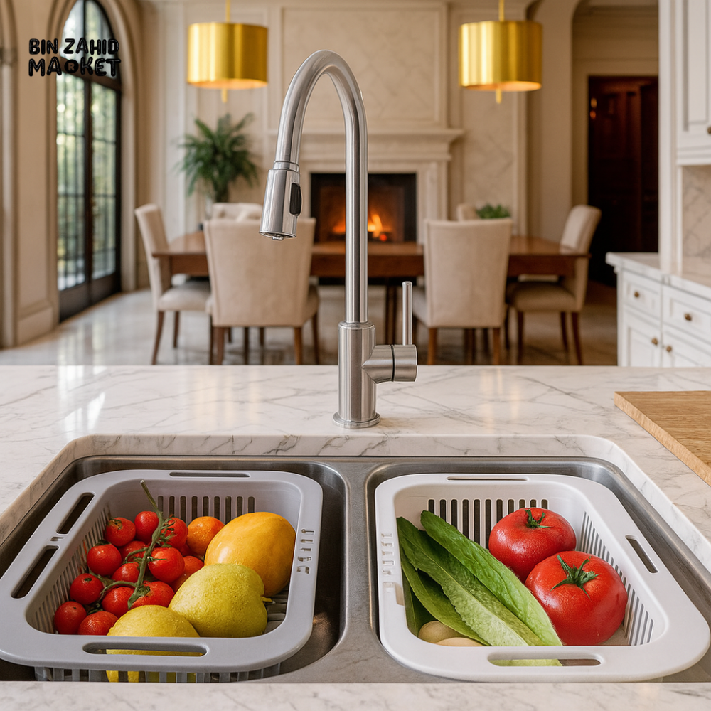 ADJUSTABLE SINK FRUIT & VEGETABLE WASHING BASKET – EXTENDABLE DRAIN STRAINER COLANDER