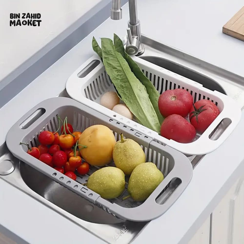 ADJUSTABLE SINK FRUIT & VEGETABLE WASHING BASKET – EXTENDABLE DRAIN STRAINER COLANDER
