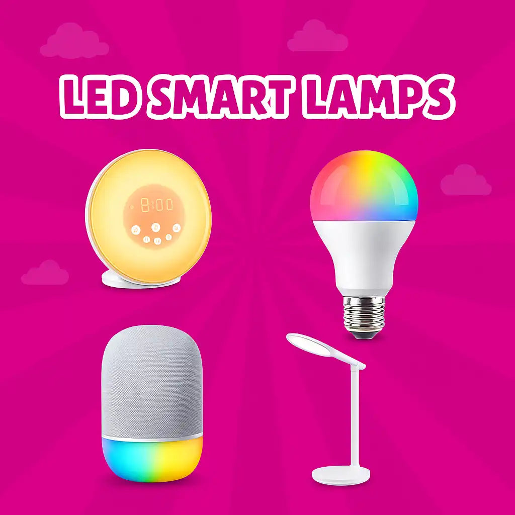 An advertisement for various LED smart lamps.