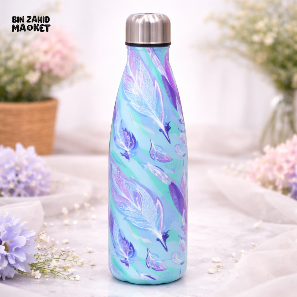 AESTHETIC FEATHER PRINT INSULATED WATER BOTTLE – AQUA FEATHER BLOOM