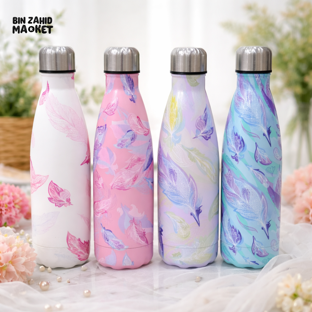 AESTHETIC FEATHER PRINT INSULATED WATER BOTTLE – BLUSH FEATHER WHISPER