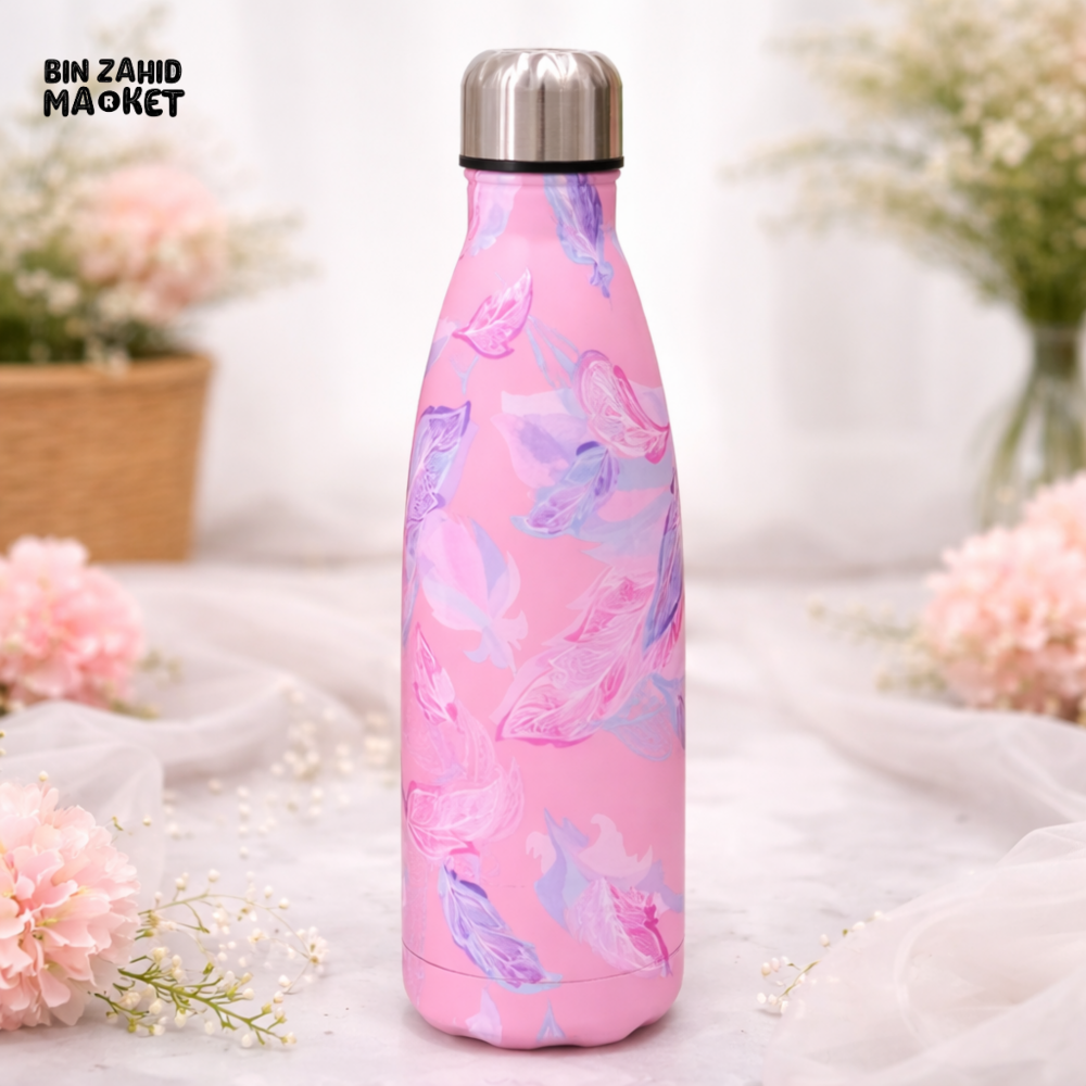 AESTHETIC FEATHER PRINT INSULATED WATER BOTTLE – ROSE FEATHER BLOOM