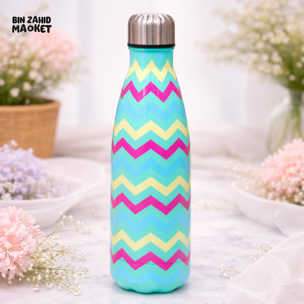 AESTHETIC ZIGZAG PRINT INSULATED WATER BOTTLE - AQUA CHEVRON POP