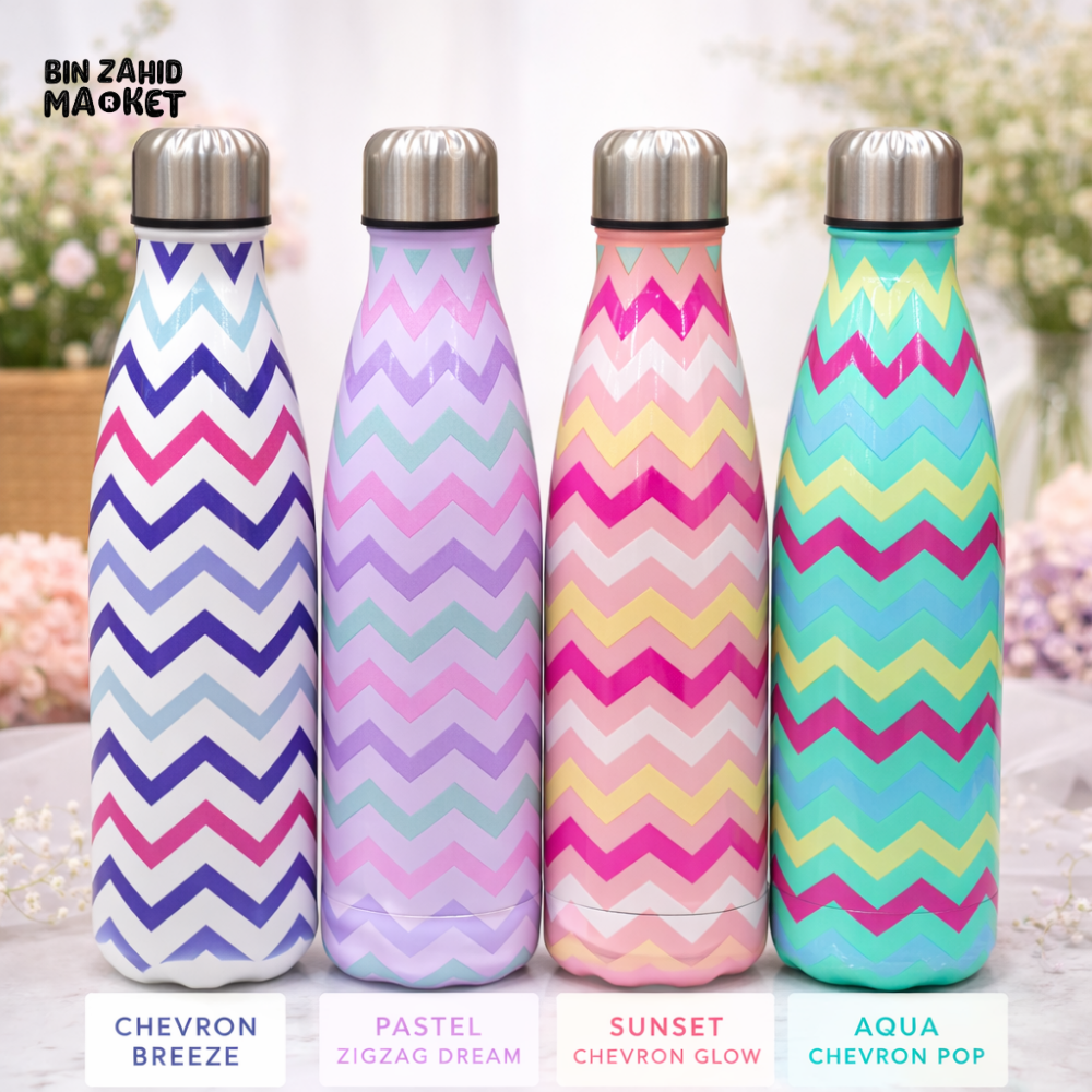 AESTHETIC ZIGZAG PRINT INSULATED WATER BOTTLE - PASTEL ZIGZAG DREAM