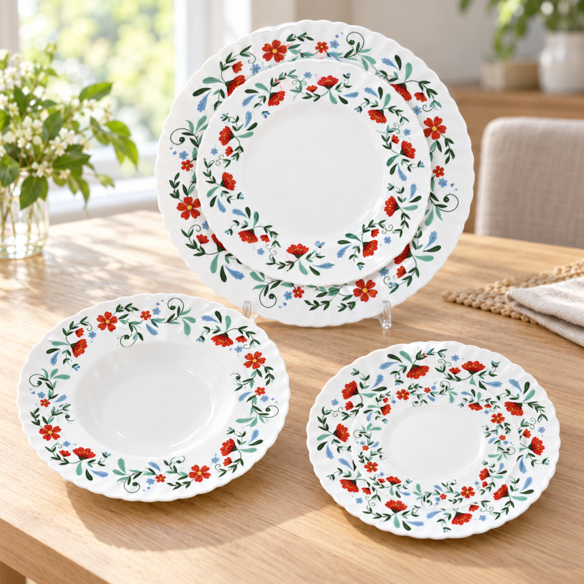Danny Home 24-Piece Red Floral Dinner Set