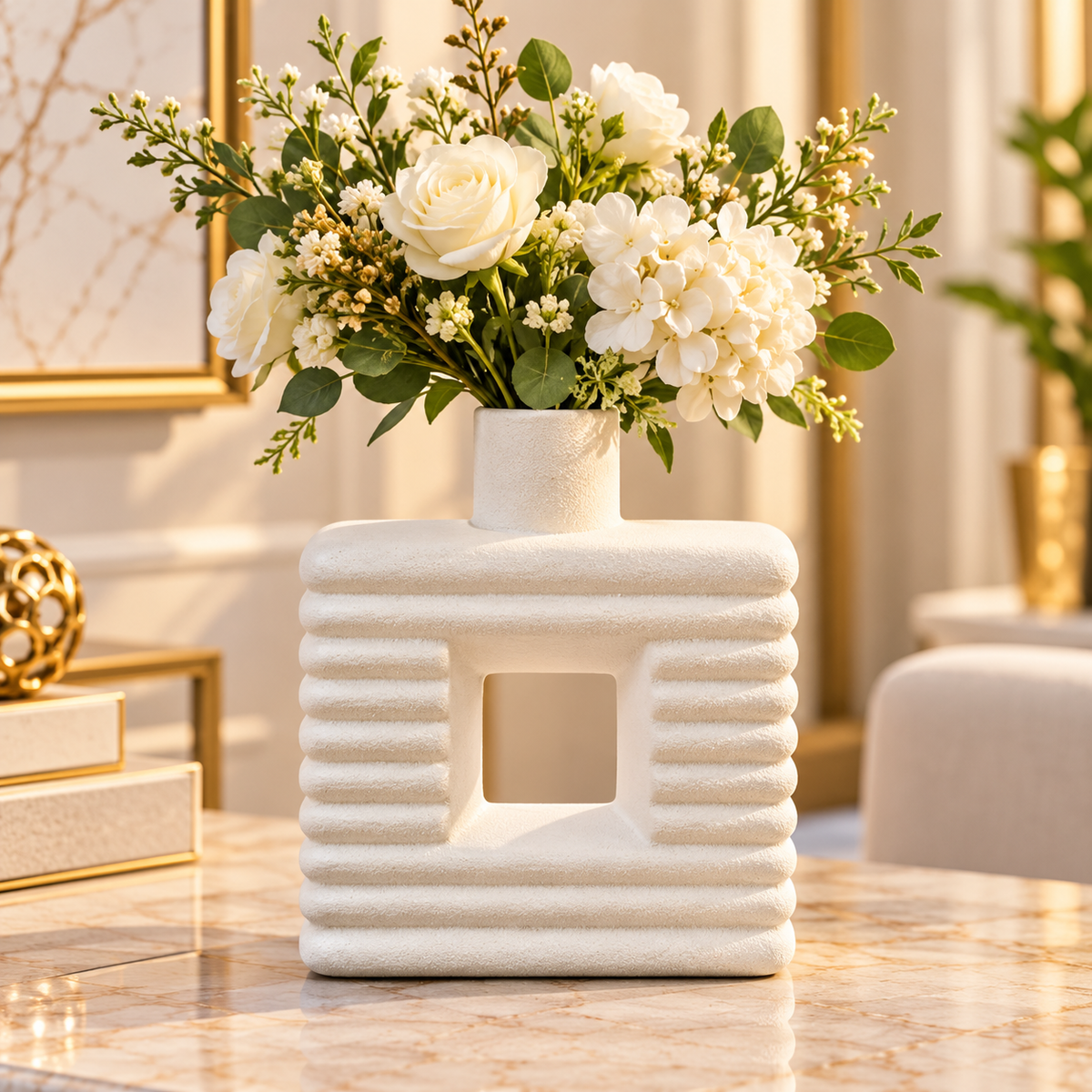 WHITE RIBBED OPEN CENTER DECORATIVE VASE - SMALL