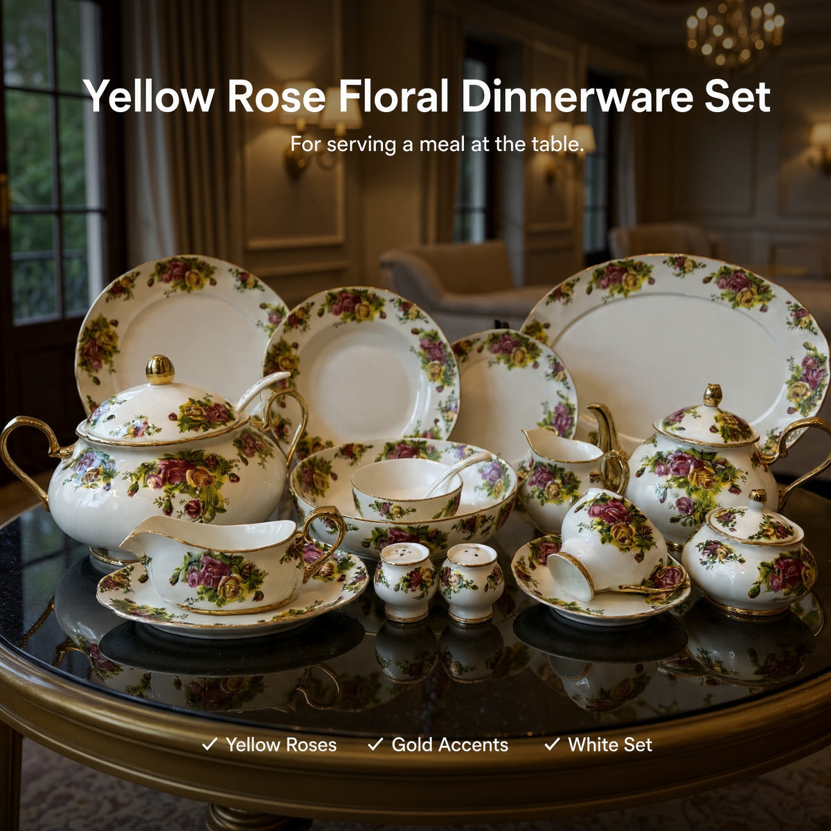 Royal Albert Inspired Blue Floral Patterns Gold Accents 75 Pieces 8 Persons Serving Bone China Dinner Set