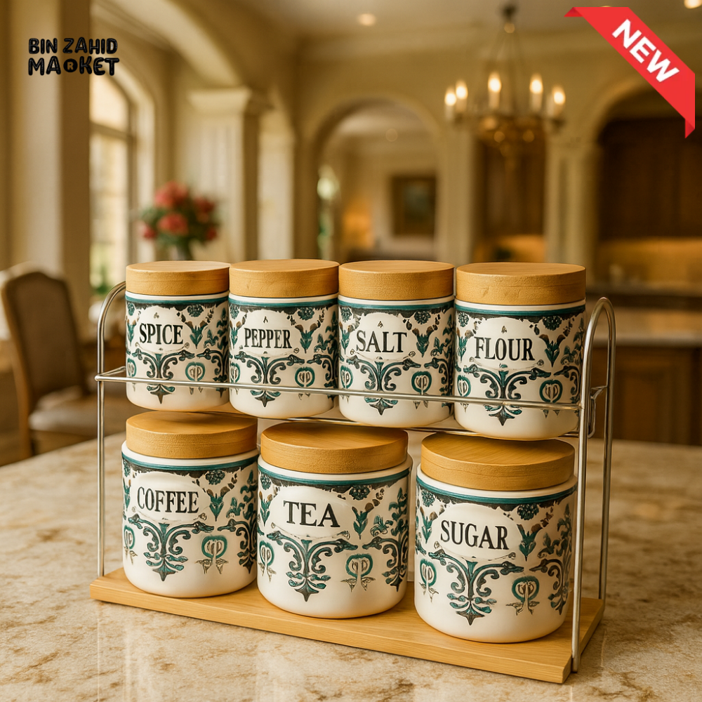 AIRTIGHT CERAMIC SPICE CONTAINERS – 7PCS WITH BAMBOO LIDS & WOOD BASE