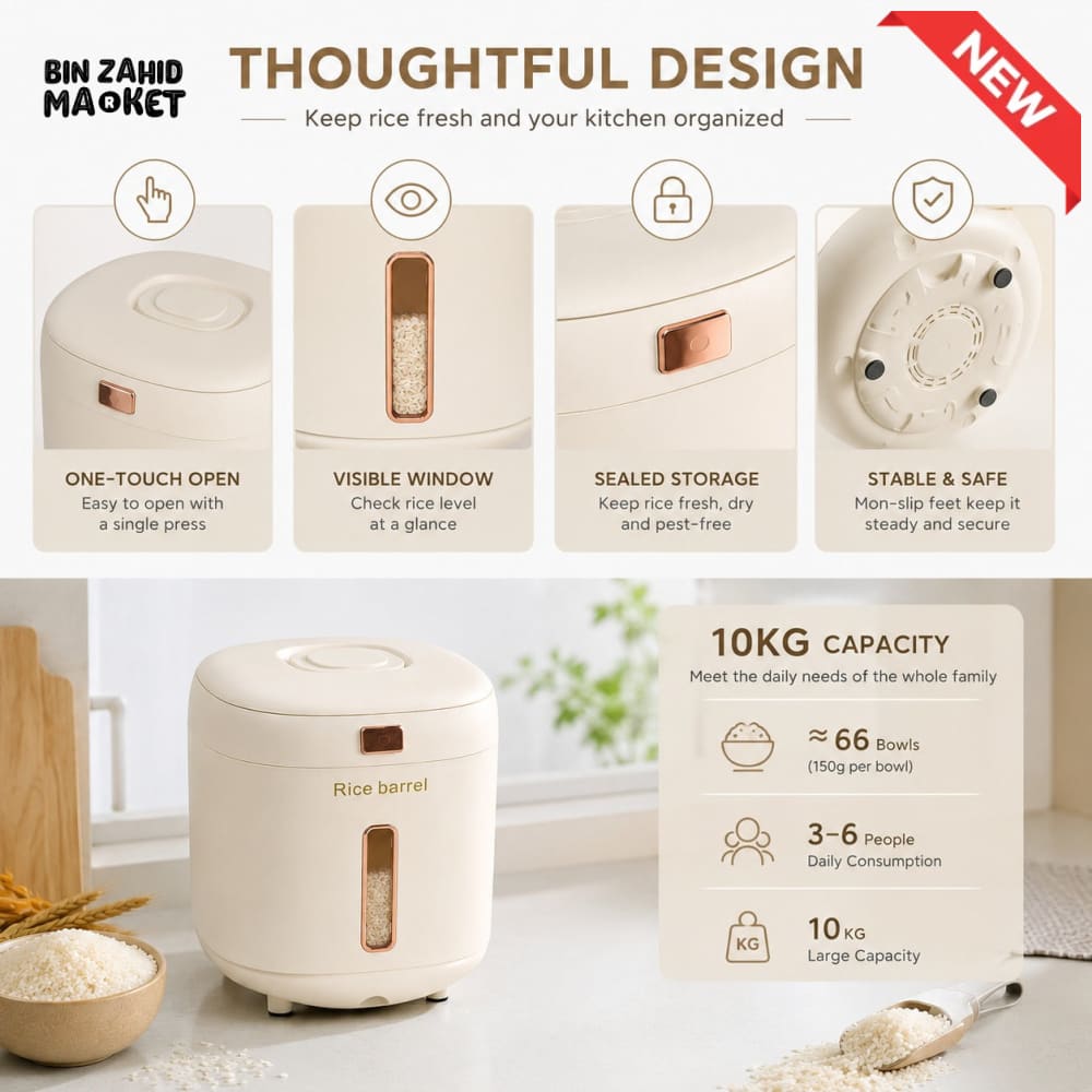 AIRTIGHT RICE STORAGE BARREL WITH LEVEL WINDOW - 10 KG