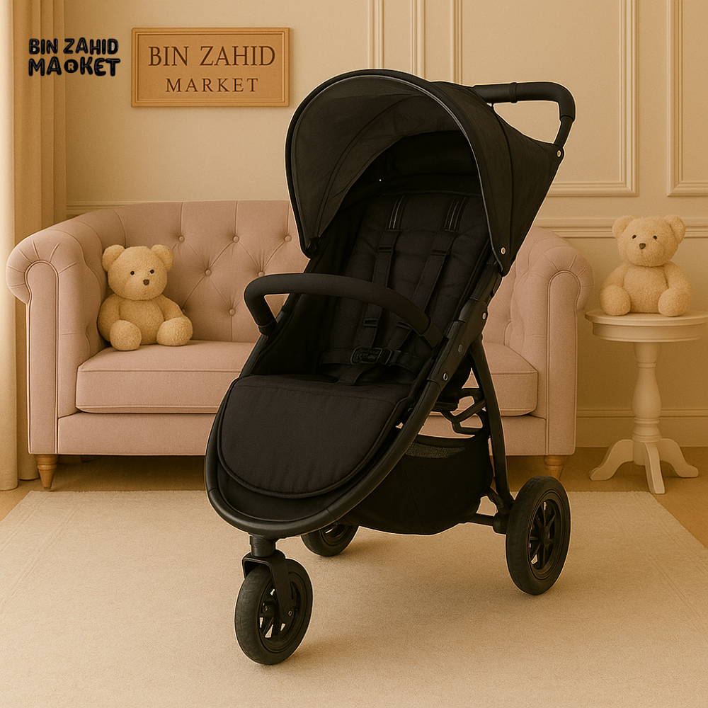 ALL-BLACK BABY STROLLER – HEAVY-DUTY DESIGN WITH RECLINING SEAT, SHOCK-ABSORBING WHEELS & STORAGE BASKET