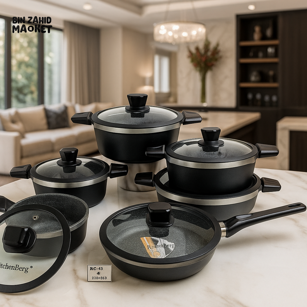 ALPENBERG 12-PIECE NON-STICK COOKWARE SET – GRANITE COATED COOKING POTS & FRY PANS WITH GLASS LIDS