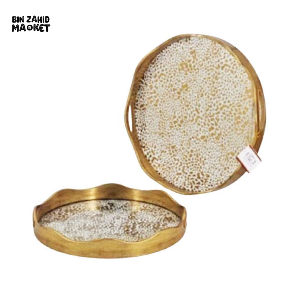 ALPENBERG GOLD TEXTURED ROUND SERVING TRAY SET – DECORATIVE GOLDEN METAL TRAYS WITH WHITE DOTTED DESIGN – 2 PIECE ELEGANT HOSTING TRAYS