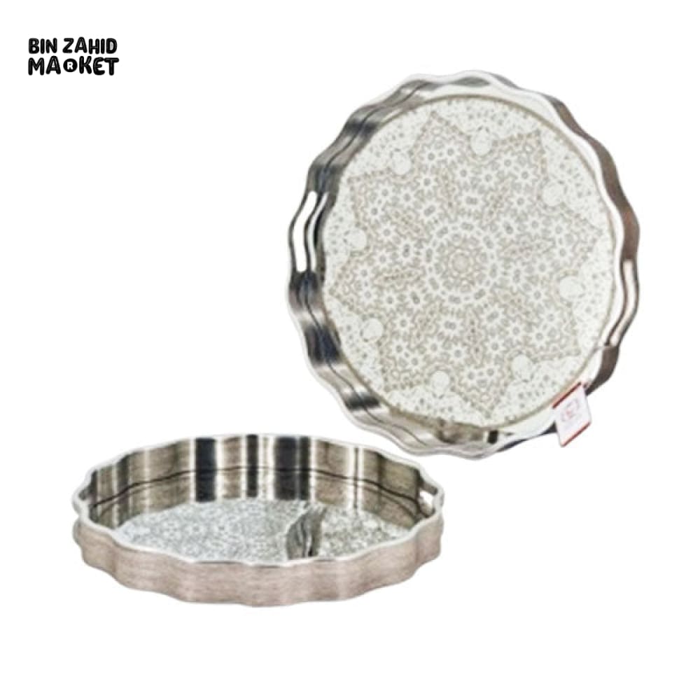 ALPENBERG ROUND STAINLESS STEEL DECORATIVE SERVING TRAY WITH INTRICATE PATTERN – ELEGANT RIPPLE EDGE DESIGN
