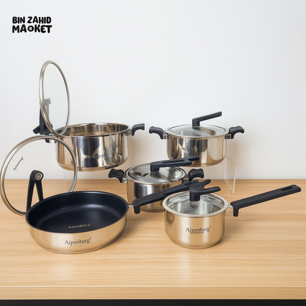 ALPENBERG STAINLESS STEEL COOKWARE SET – NON-STICK FRYING PANS & GLASS LID SAUCEPOTS - 10-PIECE