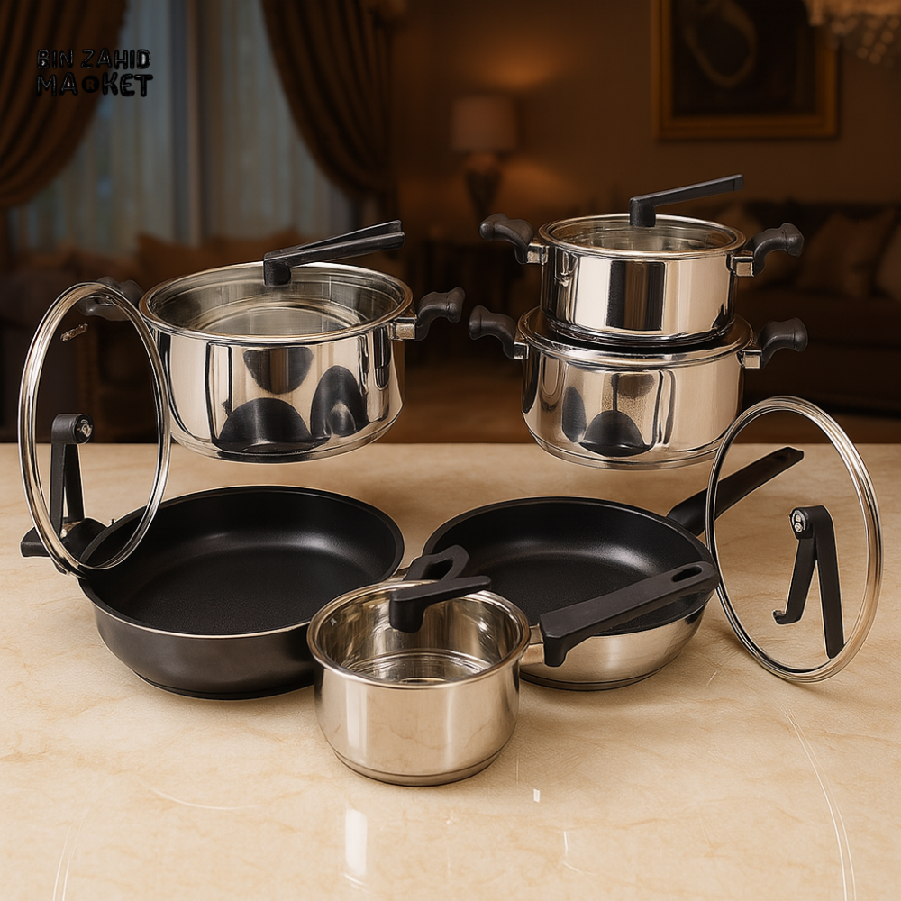 ALPENBERG STAINLESS STEEL COOKWARE SET – NON-STICK FRYING PANS & GLASS LID SAUCEPOTS - 12-PIECE