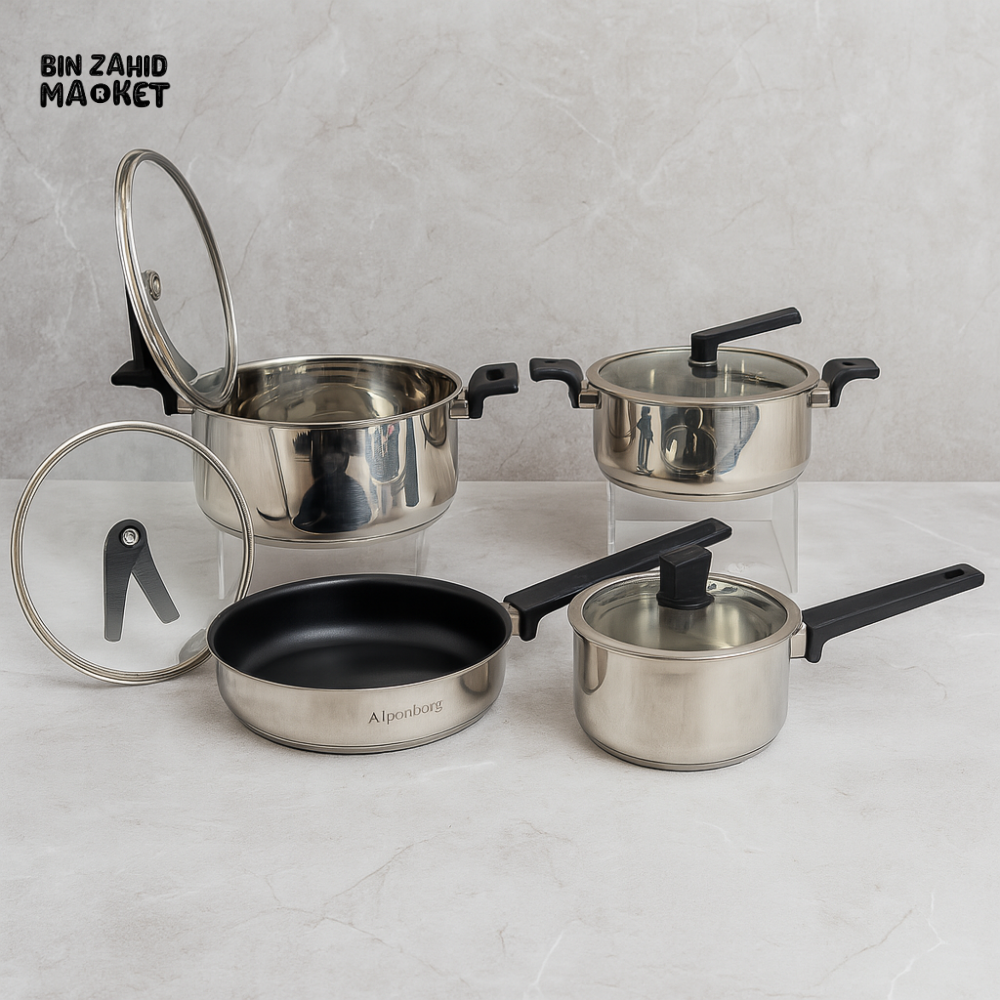 ALPENBERG STAINLESS STEEL COOKWARE SET – NON-STICK FRYING PANS & GLASS LID SAUCEPOTS - 8-PIECE