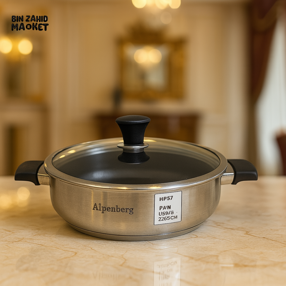 ALPENBERG STAINLESS STEEL FRY PAN WITH GLASS LID – NON-STICK COOKWARE - 28X7CM